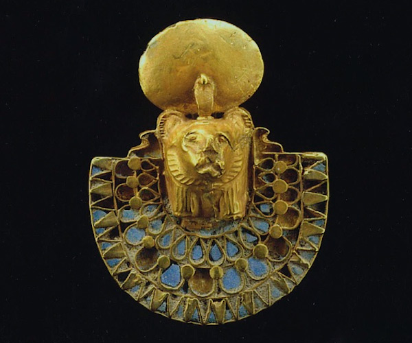 Gold Sakhmet aegis showing lion-headed goddess with Egyptian-blue enamel