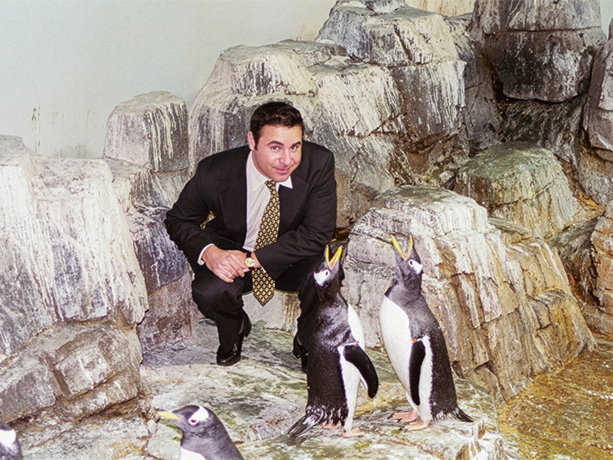 Peter wearing a black suite and yellow tie, sitting close to three penguins in NYC Central Park Zoo.